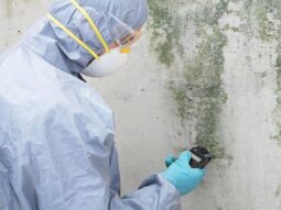 a mold inspector inspecting mod on a wall.