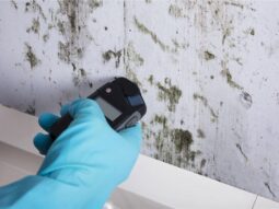 close shot of a hand wearing blue color protective glove holding a gadget and testing mold on the wall.
