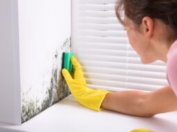 a woman cleaning mold on the wall.
